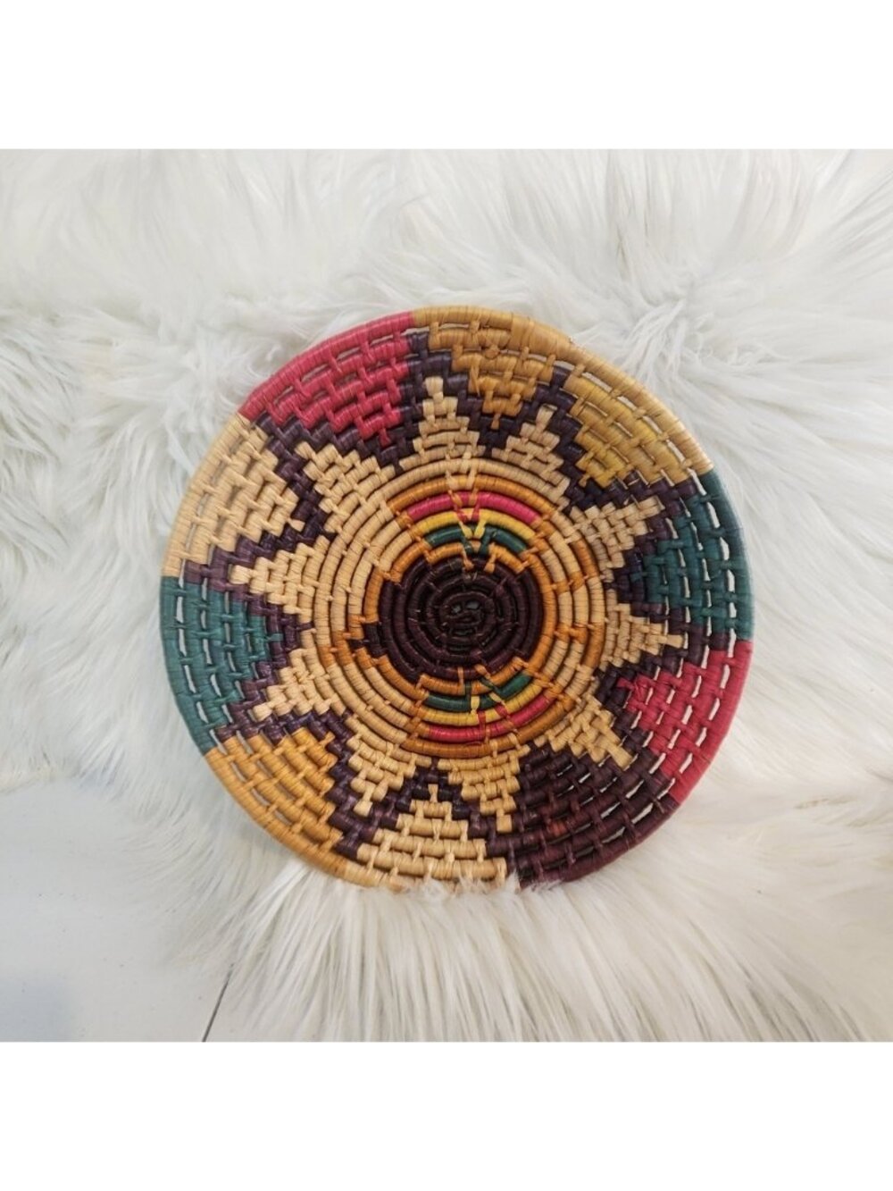 Vintage Indigenous Woven Basket Bowl Boho Home Decor Star Sun Colourful Round